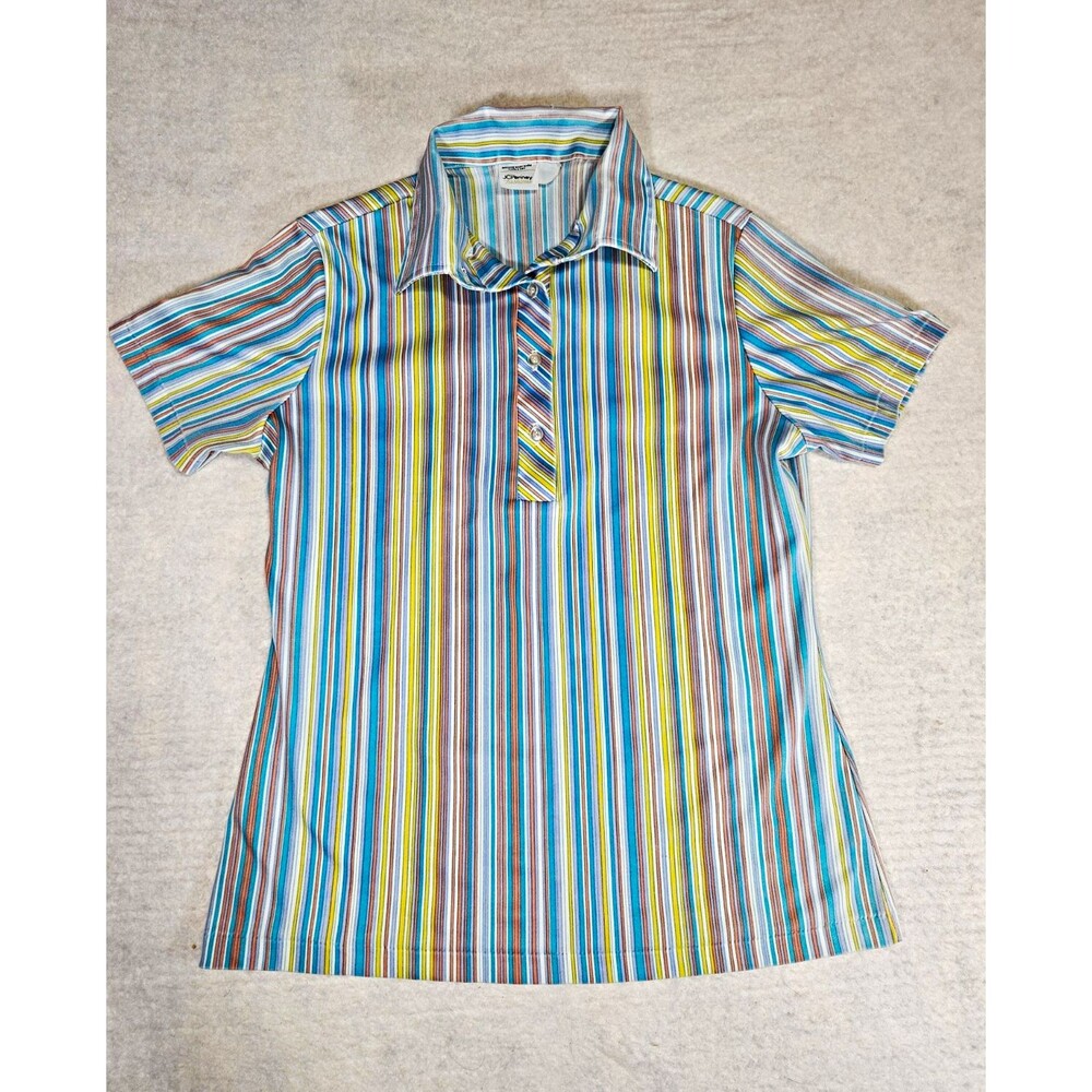 Vtg JCPenney Multicolor Striped Collared Button-Up Blouse Top Short Sleeve S/M
